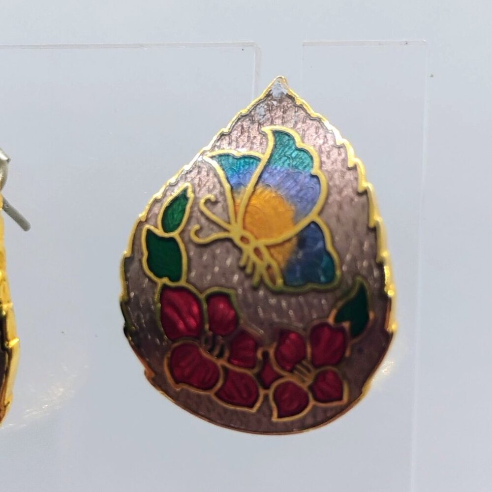 Vintage Cloisonne Enamel Butterfly Flower Earrings Pierced Teardrop Huggie Style - Picture 2 of 4